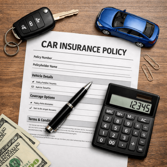 Car insurance policy paper with pen, car keys, toy car, calculator displaying 12345, and cash
