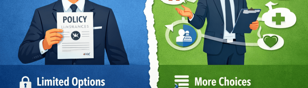 Comparison of insurance options showing a man with policy from single company versus broker offering multiple tailored coverages