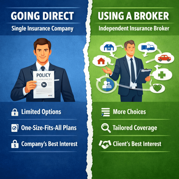 Comparison of insurance options showing a man with policy from single company versus broker offering multiple tailored coverages