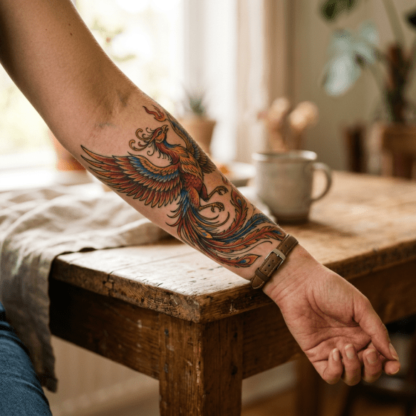 Forearm tattoo of a colorful phoenix with red, blue, and orange feathers.
