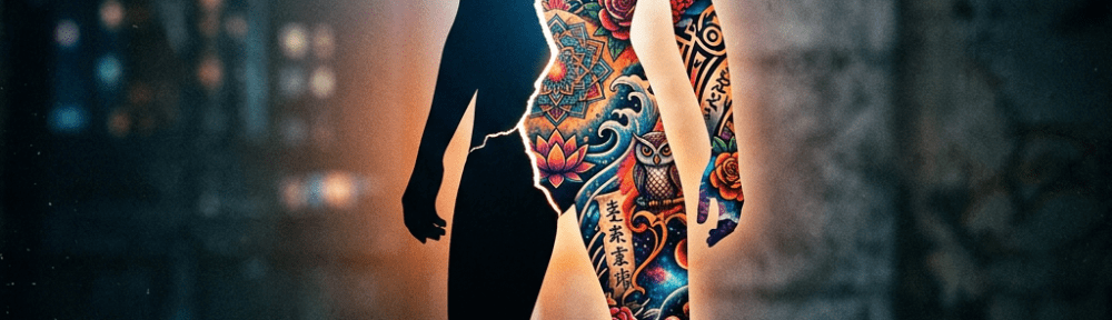 Silhouette of a standing figure with one half brightly decorated with colorful tattoos including dragons, flowers, and symbols.