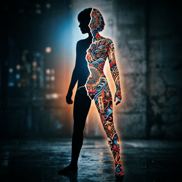 Silhouette of a standing figure with one half brightly decorated with colorful tattoos including dragons, flowers, and symbols.