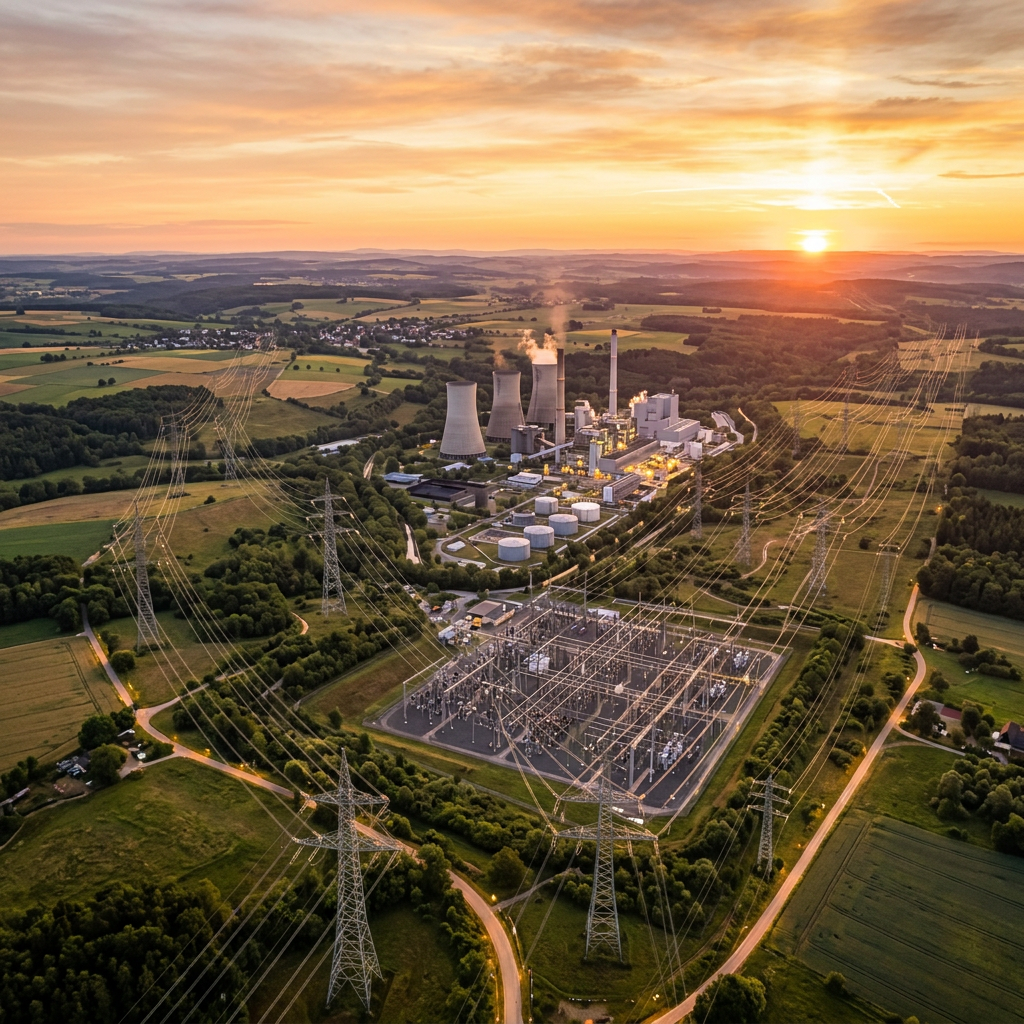 Power plant with cooling towers and electrical substation with transmission lines at sunset