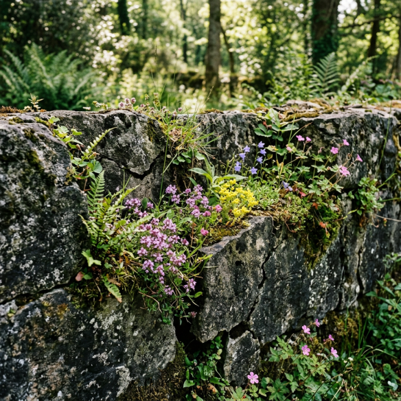 Stone wall with wildflowers and moss growing in the cracks