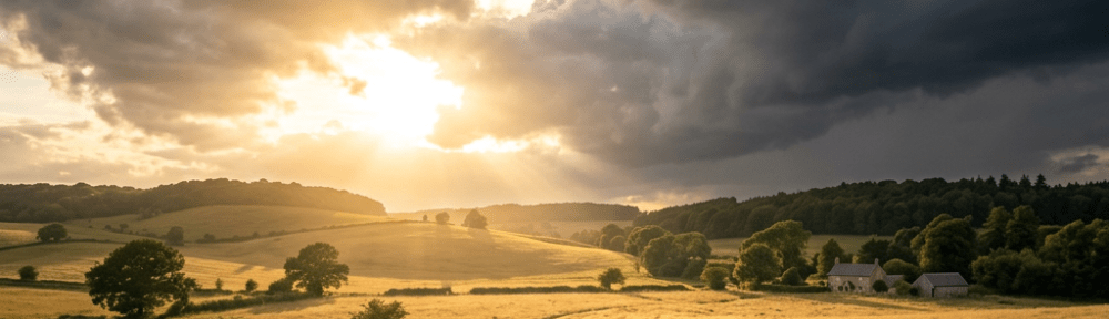 Winding dirt path through golden grassy fields with cloudy sky and sun rays