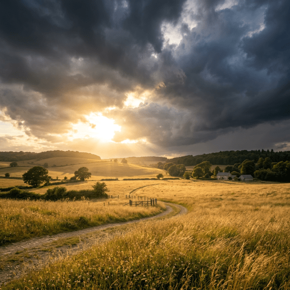 Winding dirt path through golden grassy fields with cloudy sky and sun rays