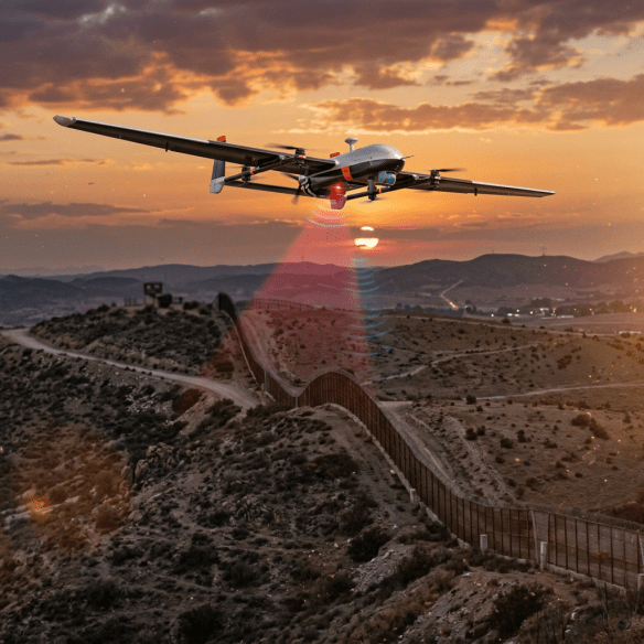 Drone flying over a border fence scanning the area with sensors at sunset