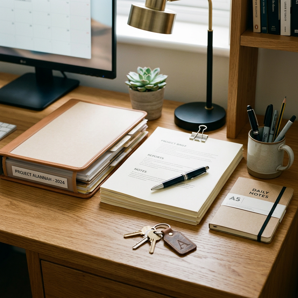 Desk with project binder labeled 'PROJECT ALANNAH - 2024', stack of papers, pen, daily notes notebook, keys, and desk lamp