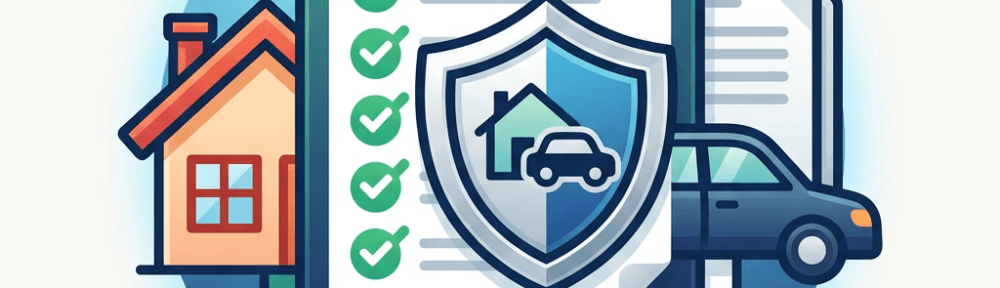 Checklist with green checkmarks, shield icon with house and car, documents, and house and car illustrations