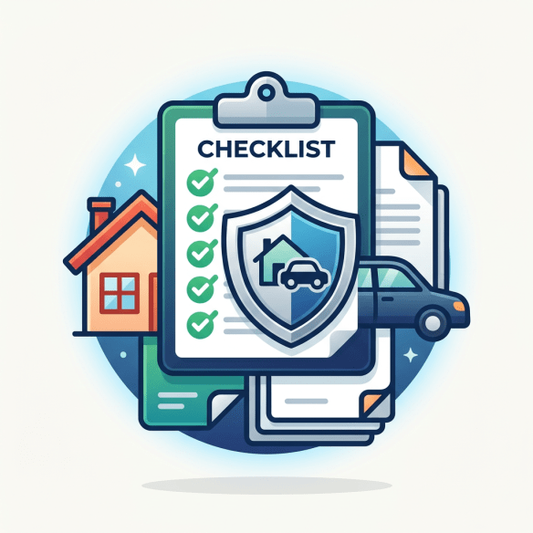 Checklist with green checkmarks, shield icon with house and car, documents, and house and car illustrations
