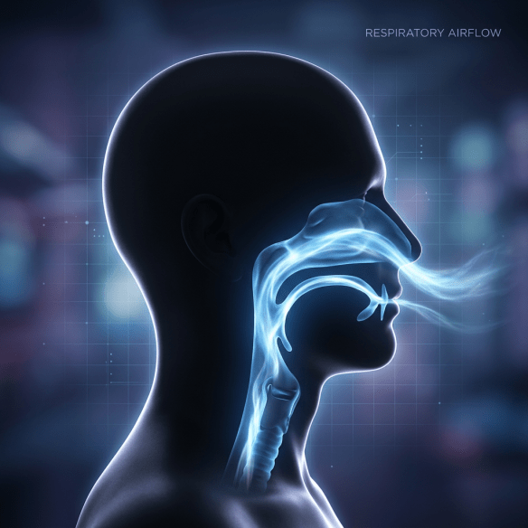 Side profile of a human head with airflow moving through nasal and oral passages into the throat.