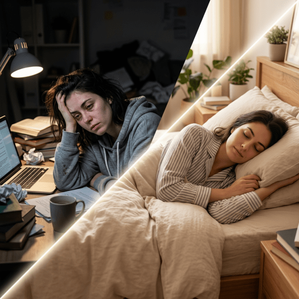 Split image showing a stressed woman working late and the same woman sleeping peacefully