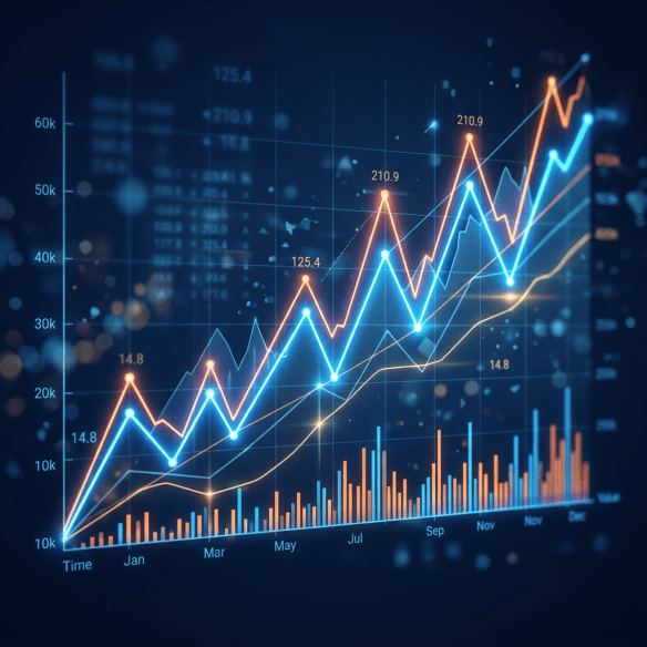 Line and bar chart depicting financial growth trends from January to December