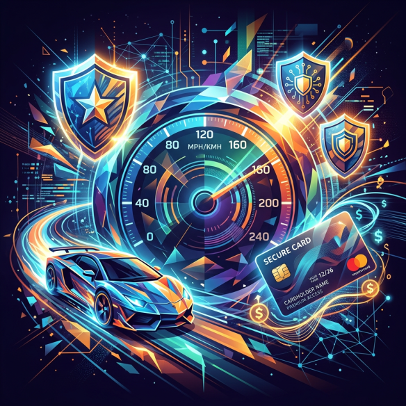 Futuristic sports car with digital speedometer and secure payment icons