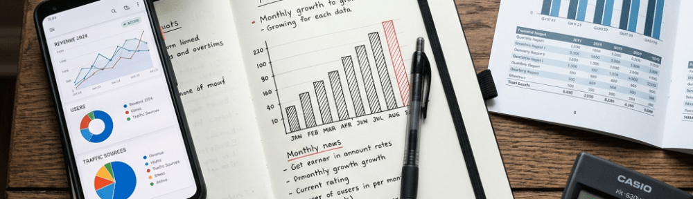 Notebook with monthly growth chart and notes, smartphone showing revenue and traffic charts, calculator, keys, and a coffee mug on wooden desk