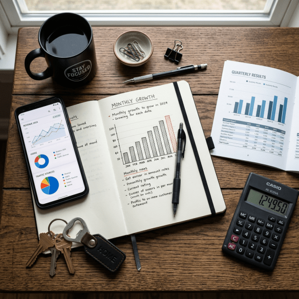 Notebook with monthly growth chart and notes, smartphone showing revenue and traffic charts, calculator, keys, and a coffee mug on wooden desk