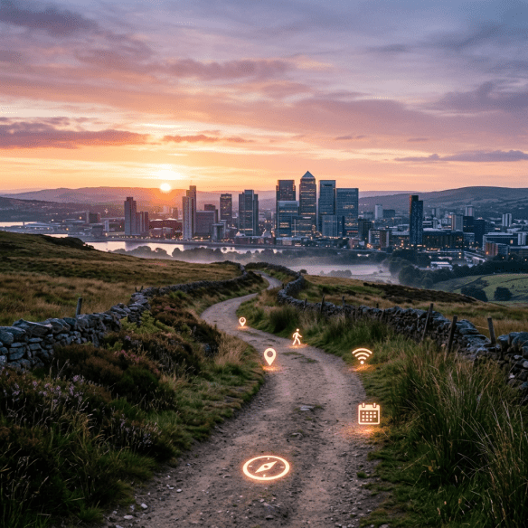 Dirt path winding through grassy hills toward a city skyline at sunset with glowing navigation icons.