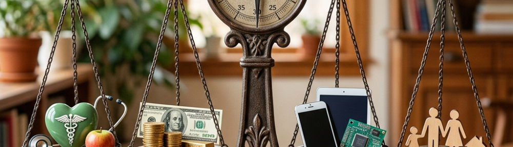 Vintage balance scale weighing health symbols, money, tech devices, and family icons.