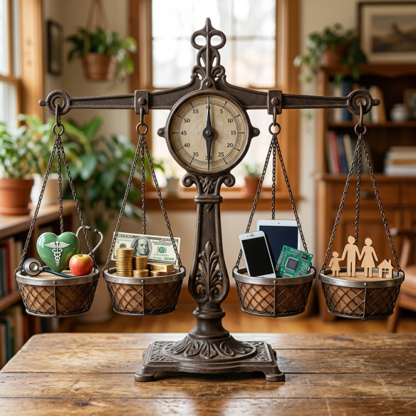 Vintage balance scale weighing health symbols, money, tech devices, and family icons.