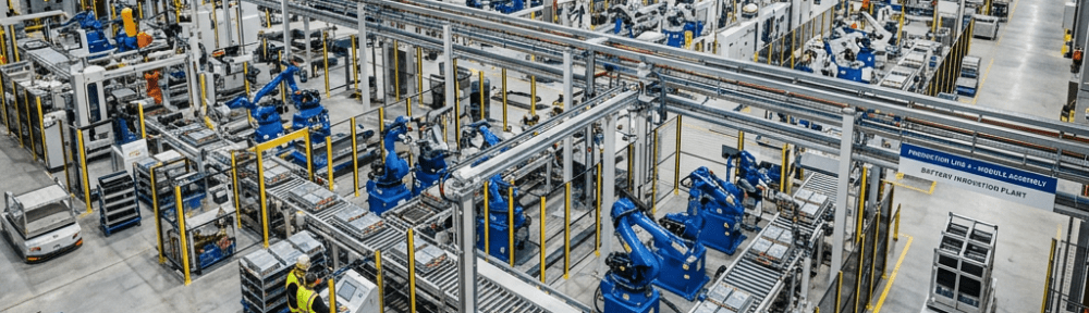 Robotic assembly lines in a battery manufacturing plant with multiple blue robots and conveyor belts