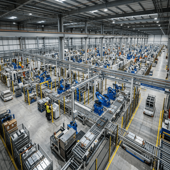 Robotic assembly lines in a battery manufacturing plant with multiple blue robots and conveyor belts