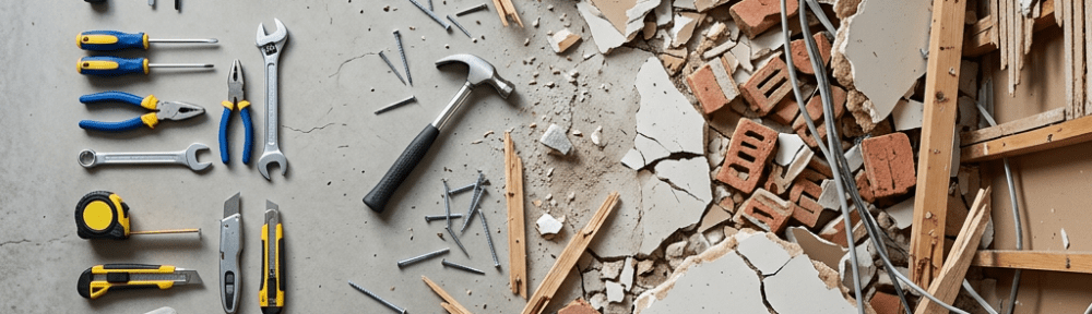 Hand tools including hammers, screwdrivers, wrenches, pliers, and gloves arranged on left side next to broken drywall, bricks, wood, nails, and wires on right side