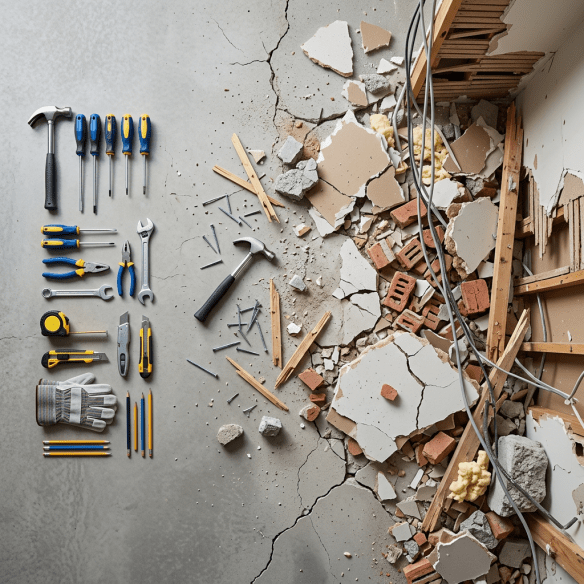 Hand tools including hammers, screwdrivers, wrenches, pliers, and gloves arranged on left side next to broken drywall, bricks, wood, nails, and wires on right side