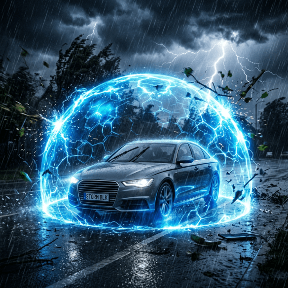 Gray car surrounded by glowing electric blue shield in a storm with rain and lightning