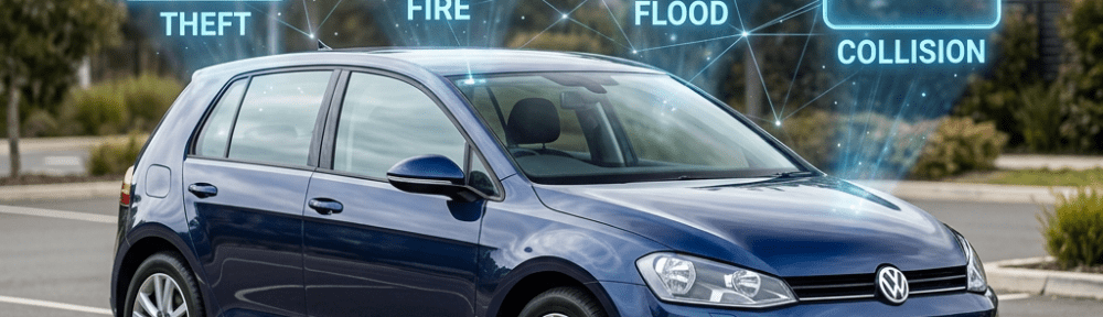 Blue car with digital icons indicating theft, fire, flood, and collision protection