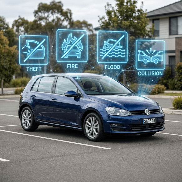 Blue car with digital icons indicating theft, fire, flood, and collision protection
