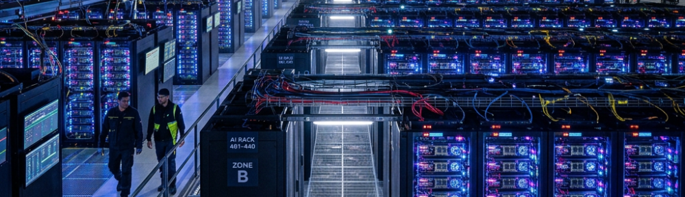 Two technicians walking in a large data center with rows of illuminated AI server racks