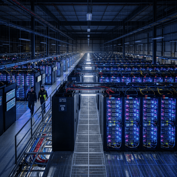 Two technicians walking in a large data center with rows of illuminated AI server racks