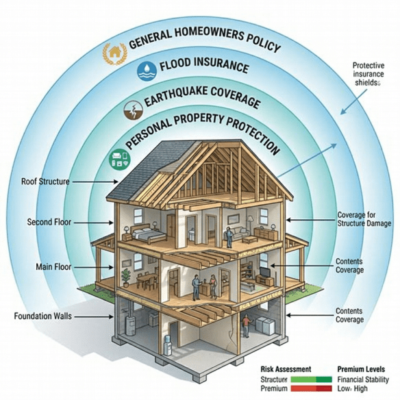Cross-section of house with labels for roof structure, second floor, main floor, foundation walls, and insurance coverage types including general homeowners policy, flood insurance, earthquake coverage, and personal property protection.