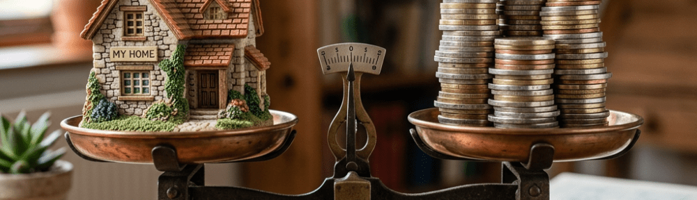 Miniature house on one side of scale balanced with stacks of coins on the other side.