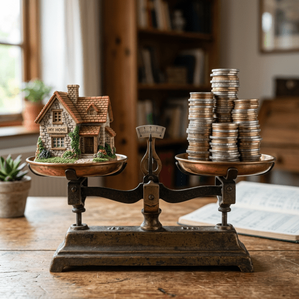 Miniature house on one side of scale balanced with stacks of coins on the other side.