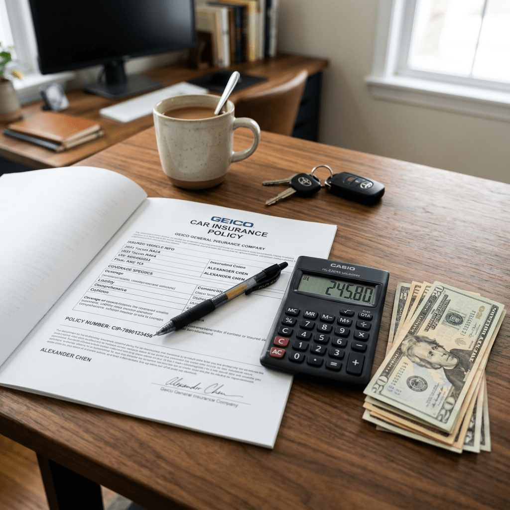 Car insurance policy document with pen, calculator showing 245.80, cash, and car keys