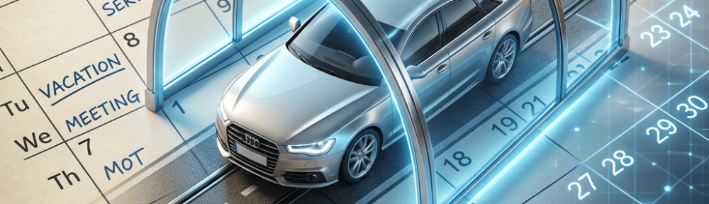 Silver sedan under transparent garage model on October 2023 calendar with service dates