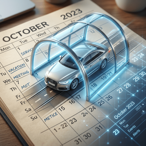 Silver sedan under transparent garage model on October 2023 calendar with service dates