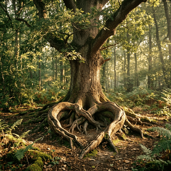 Tree with roots forming a heart shape on forest floor