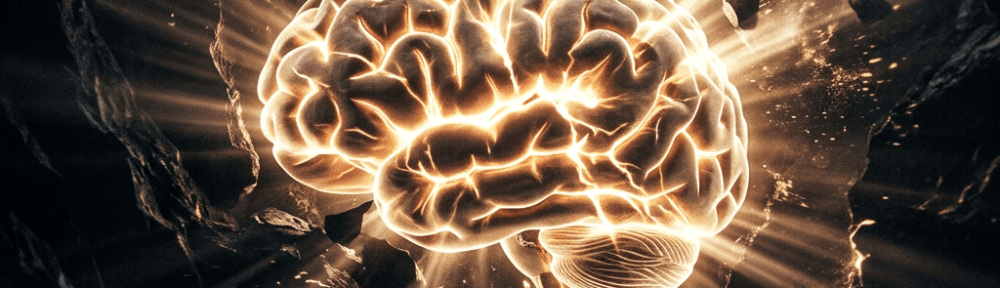Glowing human brain with light beams breaking through surrounding dark rocks