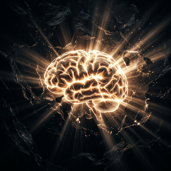 Glowing human brain with light beams breaking through surrounding dark rocks
