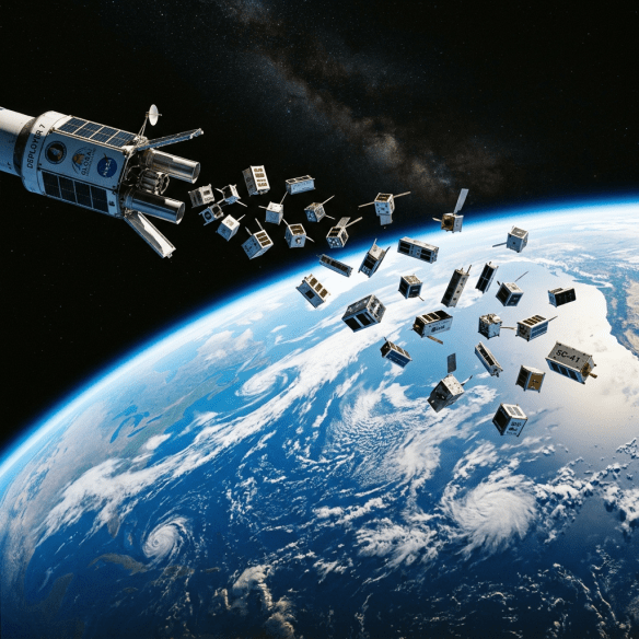 Satellite deploying multiple small CubeSats into orbit above Earth