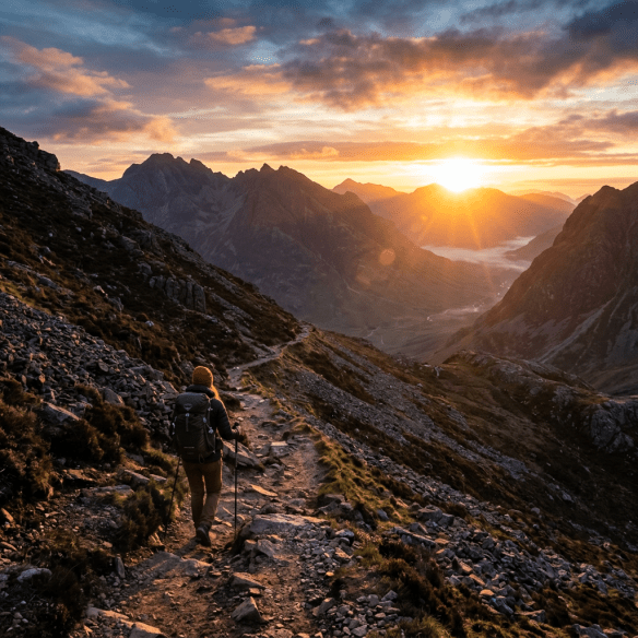 Hiker on rocky mountain trail at sunrise with sun rising behind distant peaks