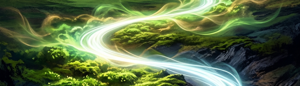 Glowing river flowing through green hills at twilight with starry sky.