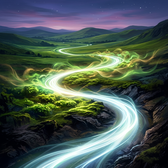 Glowing river flowing through green hills at twilight with starry sky.