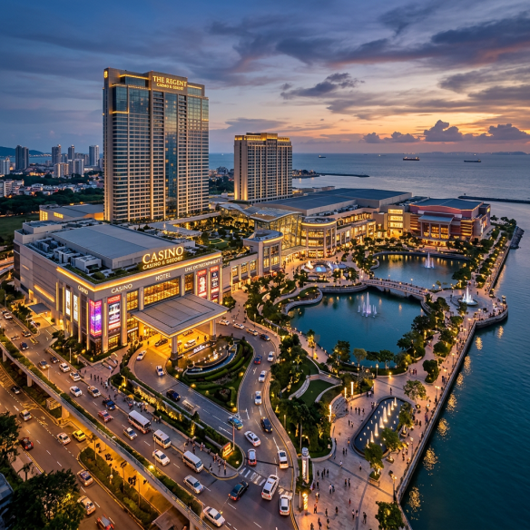 The Regent casino hotel complex beside the sea at dusk
