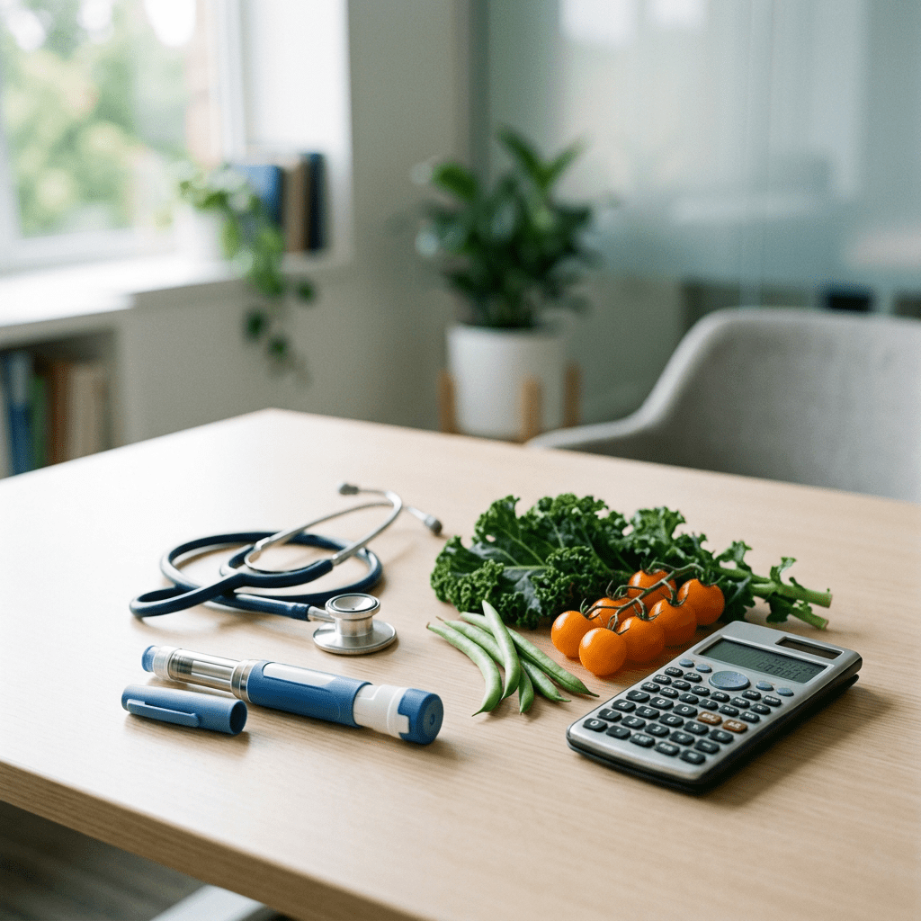 Stethoscope, glucose meter, calculator, kale, green beans, and tomatoes on table