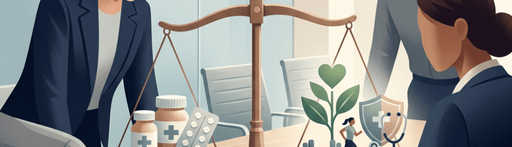 Balanced scales showing medication and employee wellness
