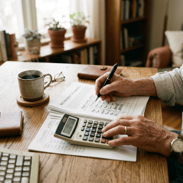 Person writing on retirement planning documents while using a calculator