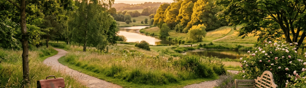 Gravel garden path beside a river, bench, flowers, and briefcase at sunset